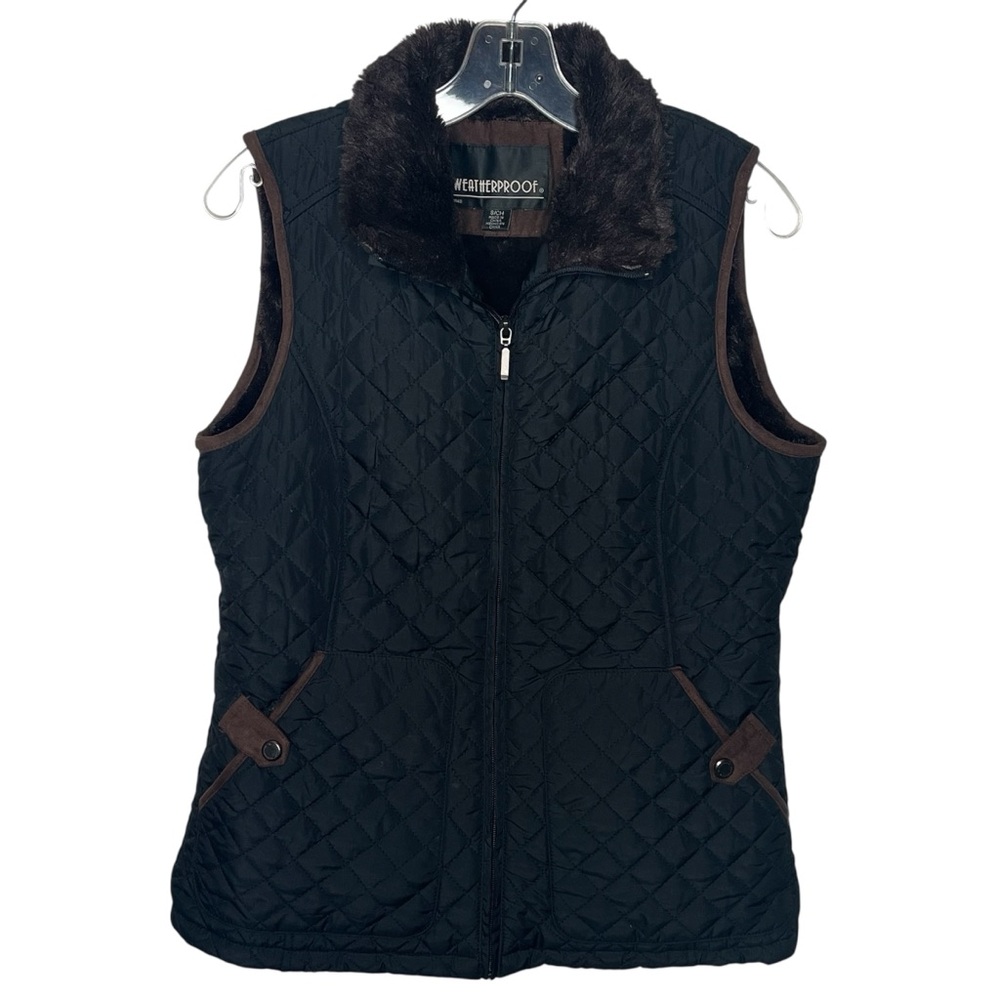 Weatherproof Black Quilted Vest Brown Faux Fur Trim & Liner Sz S